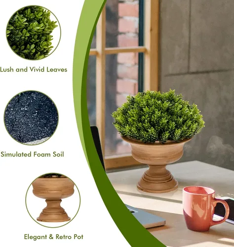 Vista 5 de Goplus Paquete de 4 árboles topiarios artificiales de boj, mini plantas de vegetación falsas, pequeñas plantas decorativas de imitación, plantas