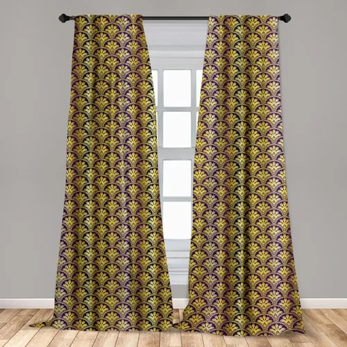 Vista 3 de Ambesonne Yellow Damask Curtains, Fish Scale Style Traditional Eastern Peacock Motif and Braid Stripes, Window Treatments 2 Panel Set for Living