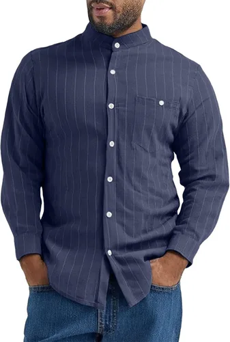 Vista 8 de Camisa de lino para hombre, manga larga, casual, a rayas, con botones, para playa, verano y boda