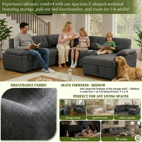Vista 6 de asunflower Sofá cama modular con almacenamiento de 118 pulgadas, sofás seccionales en forma de U para sala de estar, sofá cama de gran tamaño de 6 a