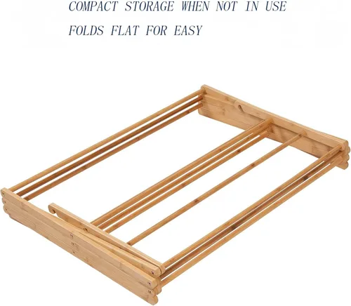 Vista 6 de Estante de secado plegable de bambú – Soporte de secado de ropa plegable para uso en interiores y exteriores – Perchero de ropa que ahorra espacio