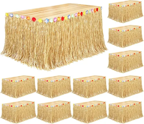 Vista 11 de Fovths Luau - Falda de mesa de hierba natural de 9 pies x 29.5 pulgadas, falda de mesa hawaiana para decoraciones de fiesta hawaiana tropical, Verde