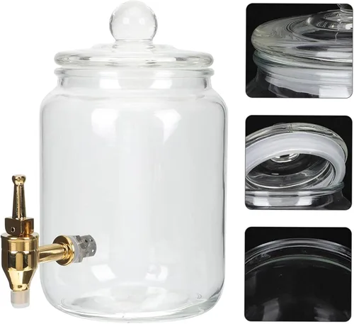 Vista 7 de Dispensador de agua con grifo, dispensador de bebidas de vidrio con grifo de metal, conveniente boca ancha y tapa de vidrio para exteriores, fiestas