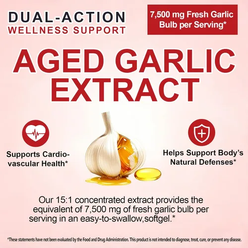 Vista 4 de Cápsulas de extracto de ajo envejecido prémium de 7,500 mg, suplementos de ajo inodoros para la salud del corazón, apoyo inmunológico y beneficios