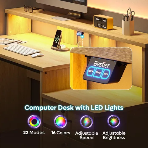 Vista 4 de Bestier Escritorio para computadora de 55 pulgadas con tomas de corriente y luces LED, escritorio de oficina en casa con cajón de archivos