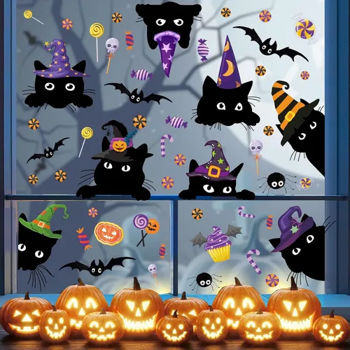 Vista 11 de Adhesivos de ventana de Navidad para ventana de Navidad, gato negro y menta, calcomanías de pared para decoración de ventanas de tienda de vidrio