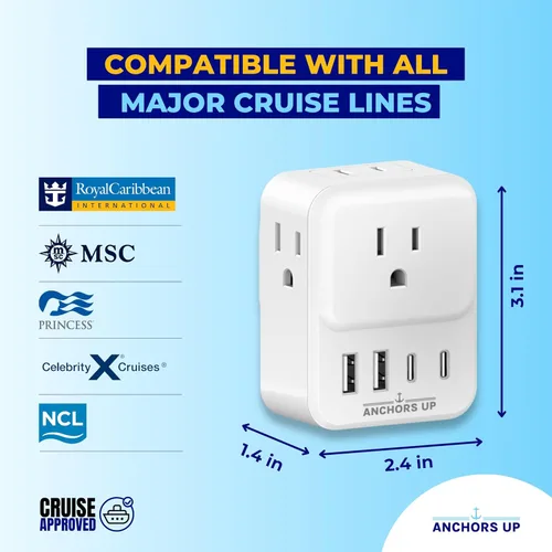 Vista 3 de Adaptador de viaje aprobado por la UE para cruceros - Extensor de enchufe múltiple 8 en 1 sin sobretensión con USB - Utilice la toma de corriente