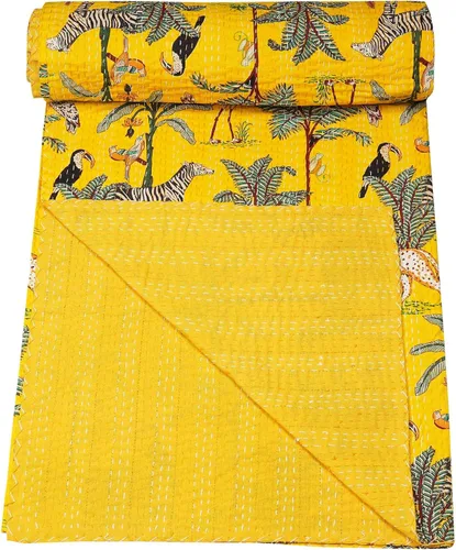 Vista 30 de Marubhumi Edredón tradicional indio de algodón puro con estampado de selva Kantha, funda de cama, colcha Kantha con estampado de animales, Negro