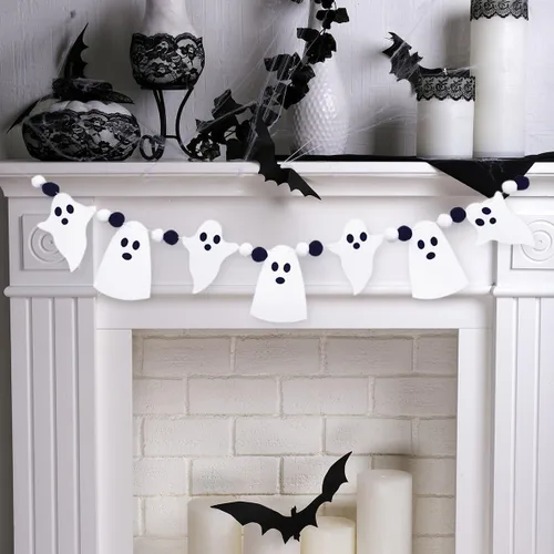 Vista 9 de JSDJ Cartel de Feliz Halloween, guirnalda de fieltro con decoraciones de calabaza araña, suministros de fiesta para uso en interiores, pared