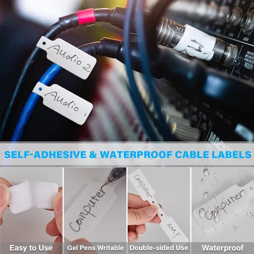 Vista 5 de 70 bridas reutilizables con gancho y bucle, bridas de alambre ajustables multiusos para organización de cables y 10 etiquetas para cables