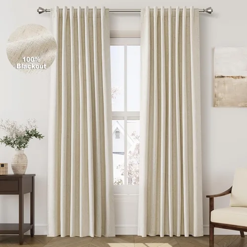 Vista 33 de Nanspring Cortinas de lino 100% opacas para dormitorio, 96 pulgadas de largo, con pestaña trasera, bolsillo para barra, aislamiento térmico, cortina