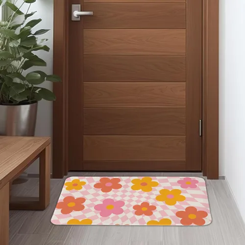 Vista 4 de EXUQO Tapete de puerta de flores, tapete delantero de flores rosas, tapetes retro de los años 70 para dormitorio de niñas, cocina, baño, felpudos