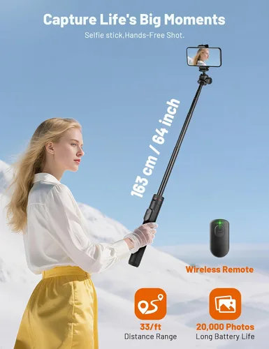 Vista 4 de JOILCAN Trípode para iPhone y Cámara, Trípode selfie stick de 64" con cabezal de bola de 360°, control remoto y soporte para teléfono, Trípode