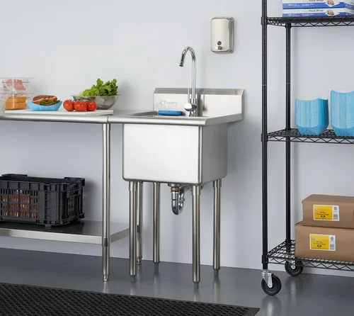 Vista 2 de TRINITY BASICS Fregadero independiente de acero inoxidable de un solo compartimento con grifo cromado, certificado NSF, para garaje, lavandería