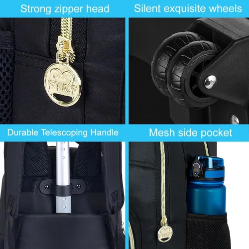 Vista 5 de Mochila con ruedas para mujeres y hombres, 3 unidades, 21 pulgadas, con ruedas, para adolescentes, niños, universidad, con ruedas, Negro clásico
