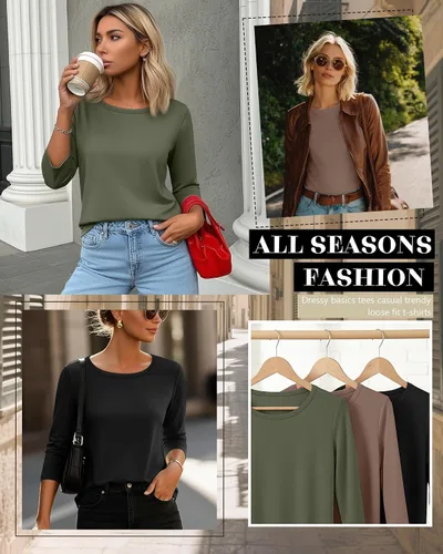 Vista 2 de Ficerd Paquete de 3 camisetas de manga 3/4 para mujer, cuello redondo, camisetas básicas elegantes, casuales, modernas, holgadas