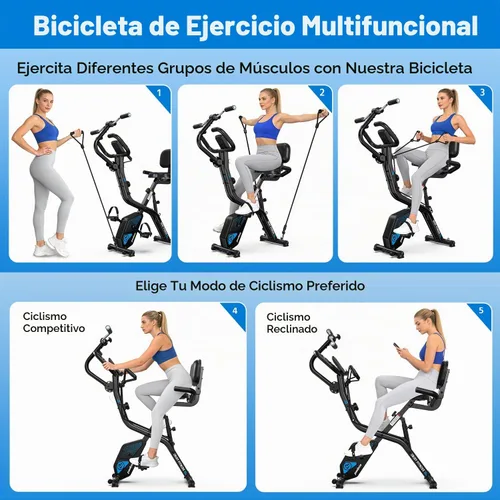 Vista 3 de pooboo - Bicicleta de ejercicio plegable, bicicleta estática vertical plegable, bicicleta magnética para interiores X-Bike con resistencia ajustable