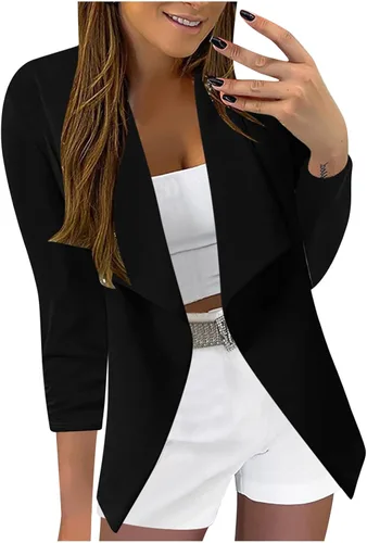Vista 2 de Chaqueta casual para mujer para el trabajo la oficina drapeada parte delantera abierta talla grande color liso fruncido manga 34 Beige
