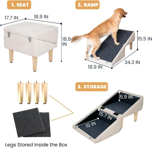Vista 5 de Rampa para perros 3 en 1 con almacenamiento – Escaleras para mascotas para perros y gatos, suave para las articulaciones de mascotas mayores