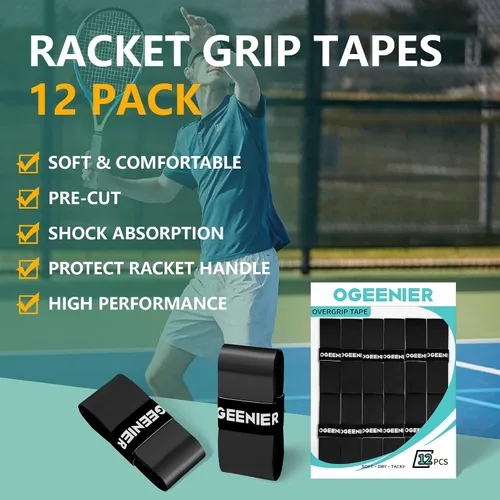 Vista 2 de OGEENIER Cinta de agarre para raqueta de tenis, paquete de 3, 6, 12 cintas de agarre de tenis, absorbente y antideslizante, cinta de agarre suave