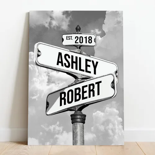 Vista 2 de Mapileng Lienzo personalizado de Crossroads Street Sign para parejas, nombres personalizados y fecha, arte de pared vintage, regalo del día de San