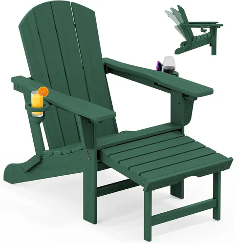 Vista 16 de KINGYES Silla Adirondack plegable ajustable con otomana y 2 portavasos, silla reclinable Adirondack HDPE con reposapiés, Aruba