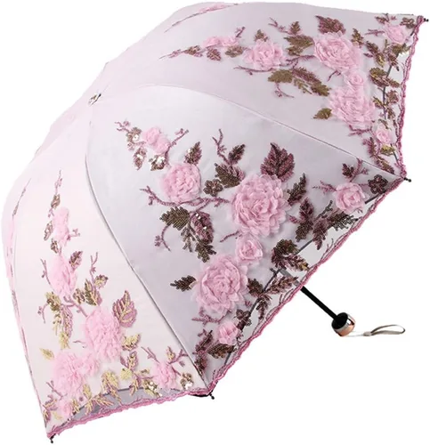Vista 13 de Honeystore Sombrilla bordada con flor 3D plegable UV con encaje clásico