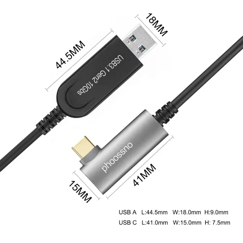 Vista 6 de Cable de extensión USB A a C de fibra óptica USB 3.2 Gen2 10Gbps 10M 33 pies en ángulo recto compatible con Microsoft Azure Logitech Aver Vaddio
