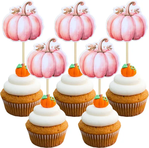 Vista 17 de 24 adornos de calabaza para cupcakes con purpurina para otoño, hojas, flores, calabaza, cupcakes, decoración de pasteles para Halloween, decoración
