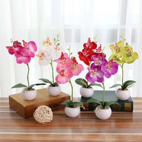 Vista 6 de Orquídeas artificiales con jarrón de plástico Phalaenopsis - Maceta de orquídea sintética para el hogar, cocina, mesa, centro de mesa, decoración