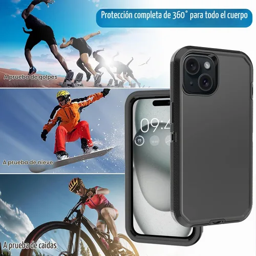 Vista 6 de Funda para iPhone 15 con 2 Protectores de Pantalla, Protección Contra Caídas a Prueba de Golpes, Cuerpo Completo, Uso Pesado, 3 Capas, Militar Negro