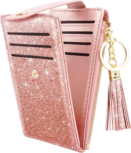 Vista 10 de Cartera delgada con bloqueo RFID para mujer, cartera de cuero con múltiples tarjetas, cartera plegable con borla, bolsillo con cremallera