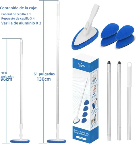 Vista 6 de Qaestfy Cepillo de limpieza de azulejos para bañera y ducha, con mango de 51 pulgadas, 5 almohadillas antiarañazos, cepillo ajustable de mango largo