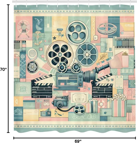 Vista 5 de Ambesonne Cortina de ducha para amantes del cine, obra de arte cinéfilo de película retro con ruedas y tablilla, juego de decoración de baño de tela