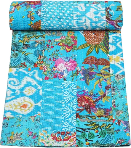 Vista 19 de Marubhumi Colchas hechas a mano tradicional de algodón puro con estampado de cachemira Kantha, funda de cama reversible con estampado de cachemira