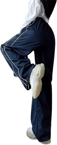 Vista 6 de KMBANGI Pantalones de paracaídas para mujer, holgados Y2k, pantalones deportivos con cintura elástica, rayas laterales, pantalones deportivos