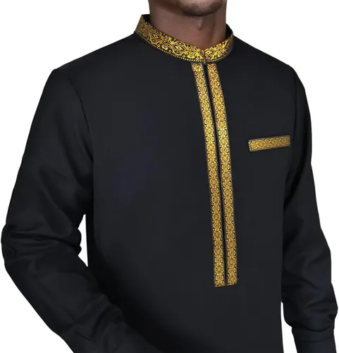 Vista 4 de Conjunto de camisa y pantalones bordados dorados africanos para hombre, trajes tradicionales tribales