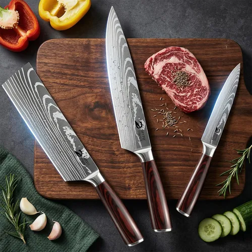 Vista 7 de Dfito Juego de cuchillos de cocina, 3 piezas de acero inoxidable de alto carbono con mango de madera de Pakkawood roja, juegos de cuchillos de chef