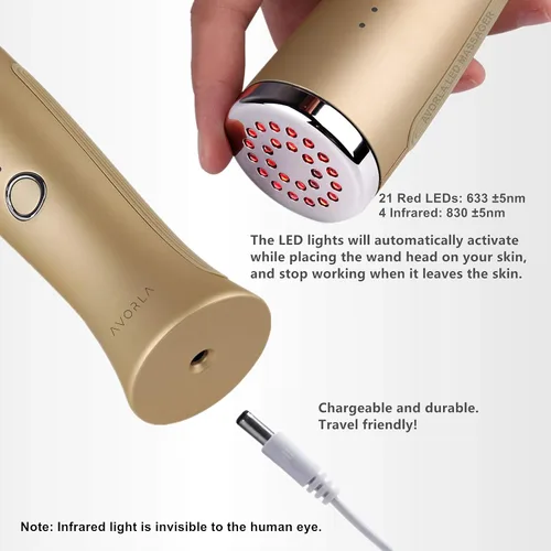 Vista 3 de AVORLA® I Red Light Infrared Therapy Facial Wand I Dispositivo de cuidado de la piel en casa, masajeador facial antiarrugas (dorado)