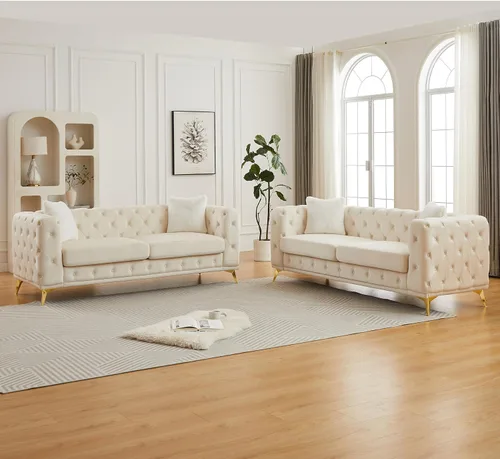 Vista 16 de KEIKI Sofá Chesterfield de terciopelo de lujo extragrande de 61 pulgadas con 2 almohadas, estilo mediados de siglo, sofá de 2 plazas con botones