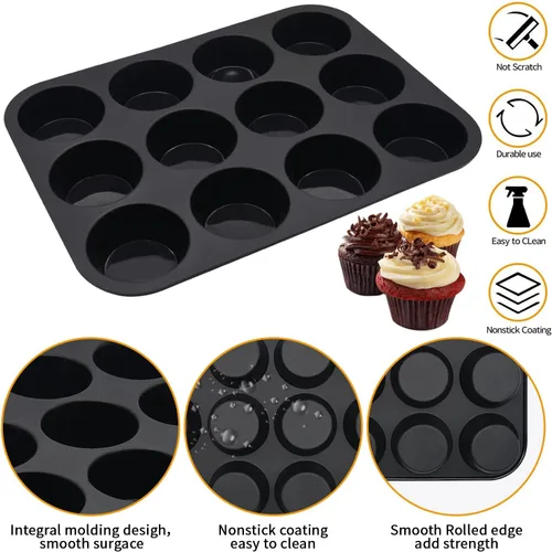 Vista 2 de Juego de moldes de silicona para muffins, 2 piezas de 2.8 pulgadas, 12 tazas, molde para mordedura de huevo, antiadherente, fácil liberación