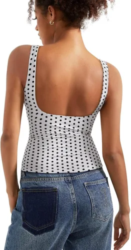 Vista 23 de SUUKSESS Camisetas sin mangas con respaldo abierto y cuello barco acolchado para mujer, con doble forro, camisas básicas Negro (Black Polka Dots)