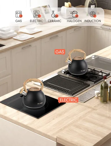 Vista 6 de BELANKO - Hervidor de té de 2.7 cuartos de galón para estufa - Tetera de acero inoxidable de grado alimenticio con silbato fuerte, mango de madera