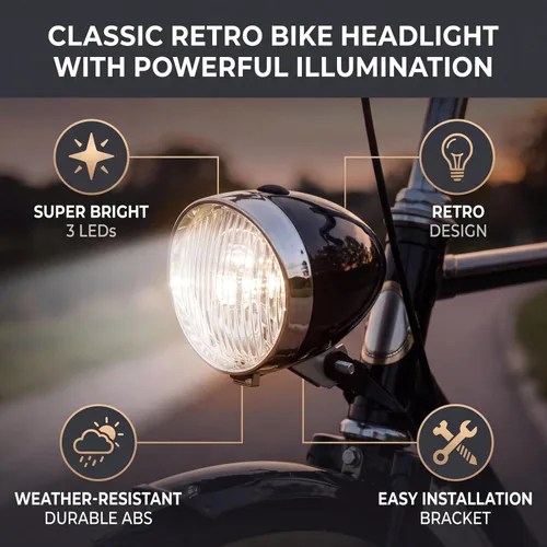 Vista 3 de Kadimendium Luz delantera de bicicleta, faro retro negro fácil de instalar con soporte para ciclismo ABS Construction, Weather proof, Fits