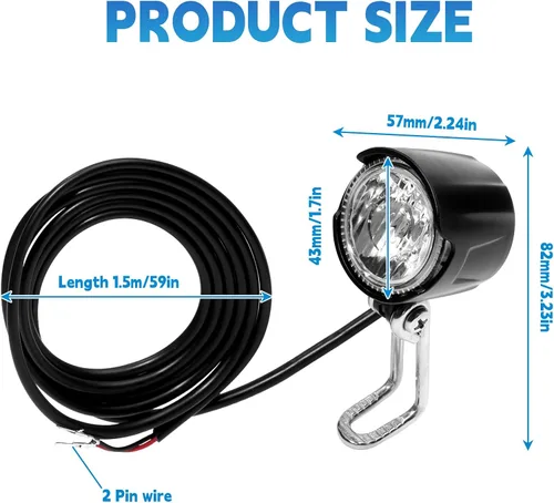Vista 2 de Faro eléctrico para bicicleta, DC 6V-60V, brillo de 30 lux, luz delantera Ebike 2 pines con cable de 4.9 ft