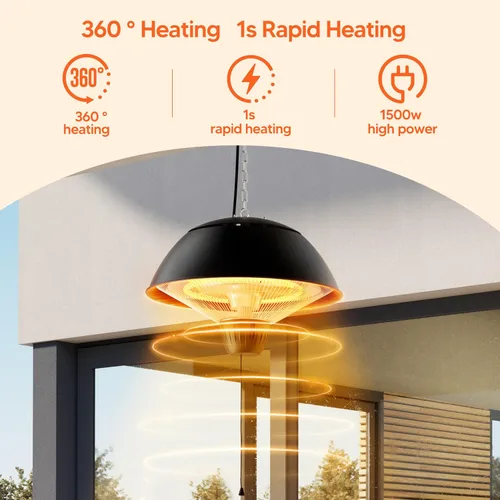 Vista 5 de Calentador eléctrico para exteriores, calentador de patio infrarrojo colgante de 1500 W para uso al aire libre, calentador eléctrico impermeable