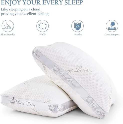 Vista 5 de Almohada de cama de algodón orgánico tamaño estándar Almohada ajustable de espuma viscoelástica triturada para dormir lateral y estómago, paquete