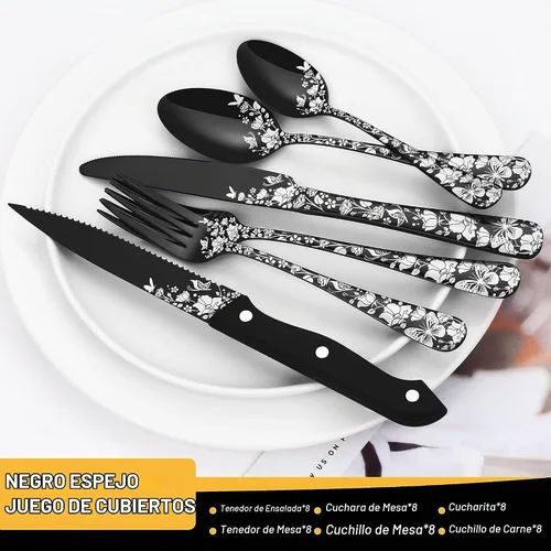 Vista 2 de Stapava - Juego de cubiertos negros de 53 piezas con utensilios para servir, juego de cubiertos para 8, cubiertos de acero inoxidable, juego