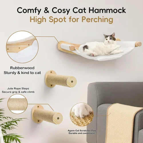 Vista 2 de Hamaca de pared para gatos, 2 estantes de escalada para gatos, estantes de pared grandes para cama y tabla rascadora para escalar, dormir, jugar