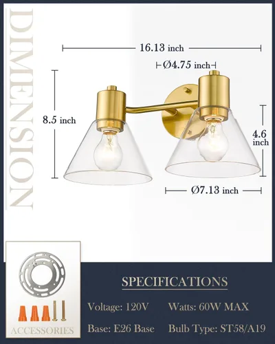 Vista 4 de LMS Lámparas doradas para tocador de baño, 2 lámparas de baño con pantalla de vidrio transparente, LMS-100